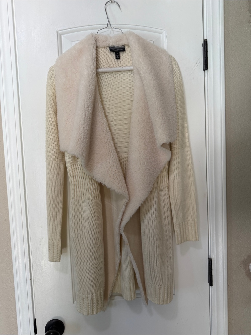Eileen Fisher Cream Open-Front Faux-Shearling Collar Cardigan